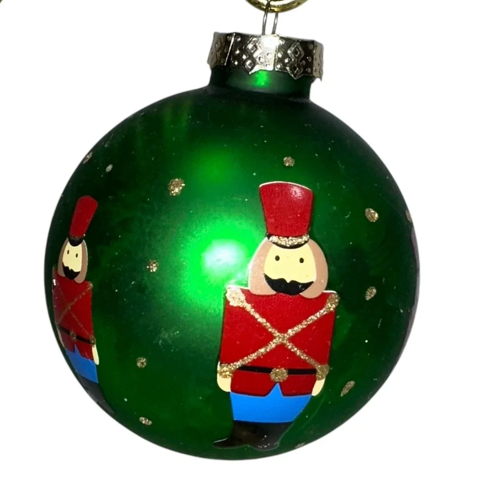 Vintage Set Of‎ 5 Green Christmas Ornaments Snowman Santa Soldier Glass Balls